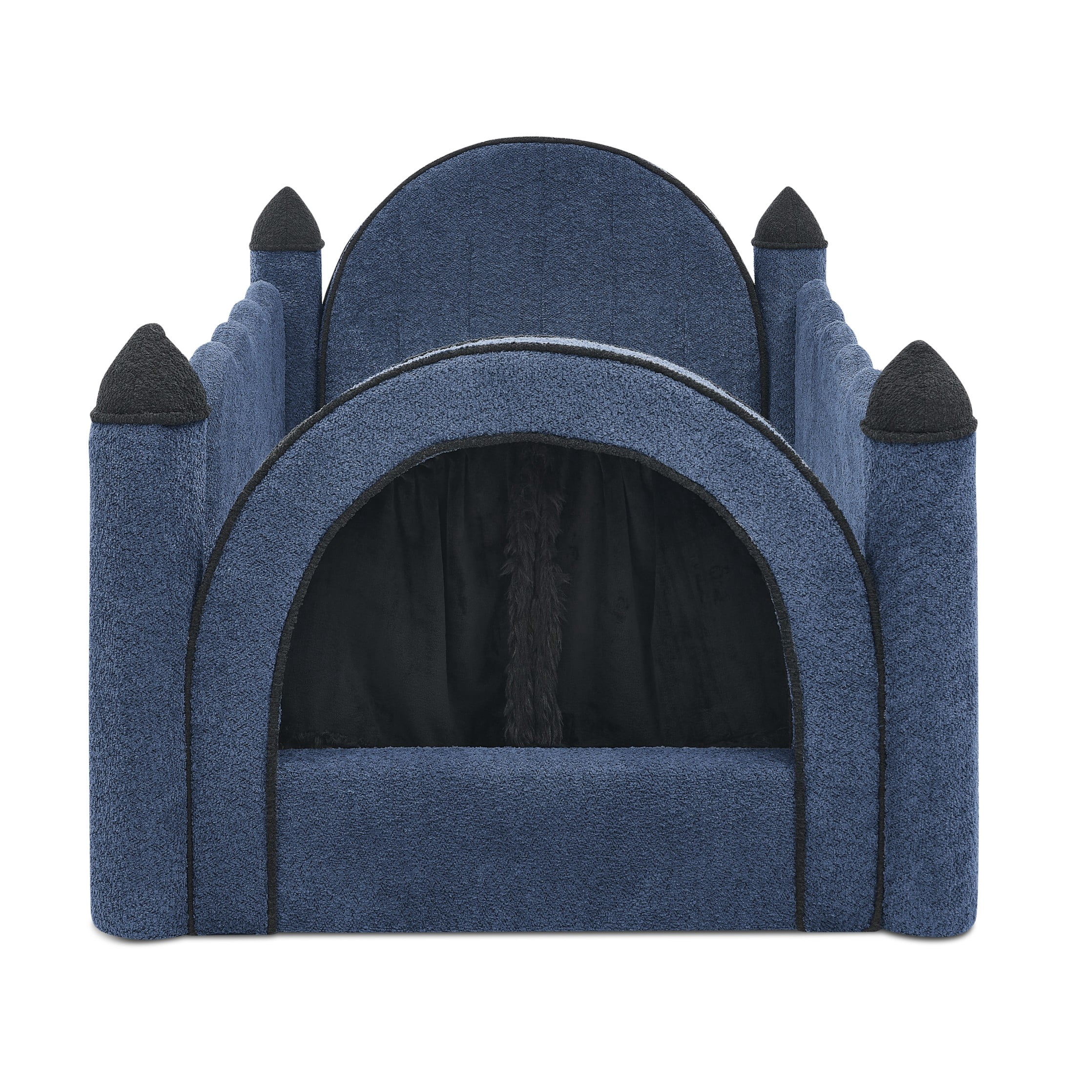 GDF Studio Solley Twin Size Castle Bed with Safety Guardrails, Curtain & Wood Frame, Boucle Upholstered Bed, Navy