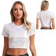 thumbnail image 3 of Camiseta de manga corta con cuello redondo metálico brillante para mujer, Top corto con brillo brillante, Top de baile en barra, trajes Rave a la moda, ropa para discoteca, 3 of 5