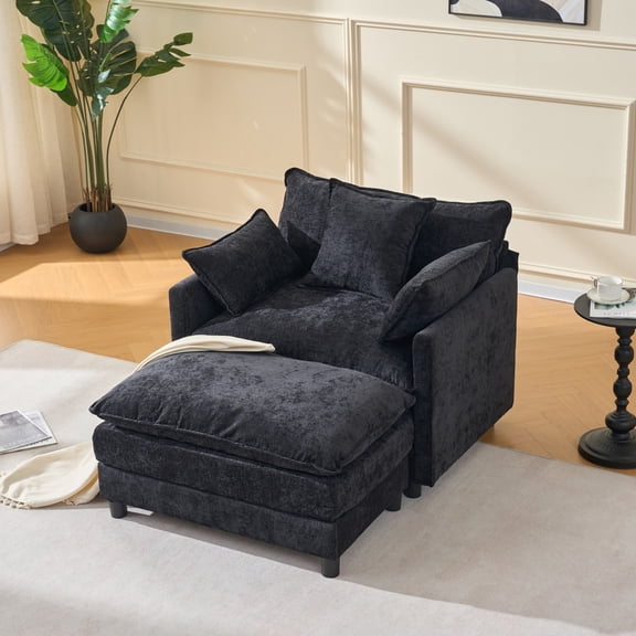 39.4" Modern Accent Chair with Ottoman, Living Room Club Chair Chenille Upholstered Armchair , Reading Chair for Bedroom, Chenille Fabric