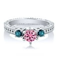 thumbnail image 2 of Gem Stone King 925 Sterling Silver 3-Stone Ring Round Pink Moissanite and Diamond Blue (0.70 Cttw, Size 7), 2 of 2