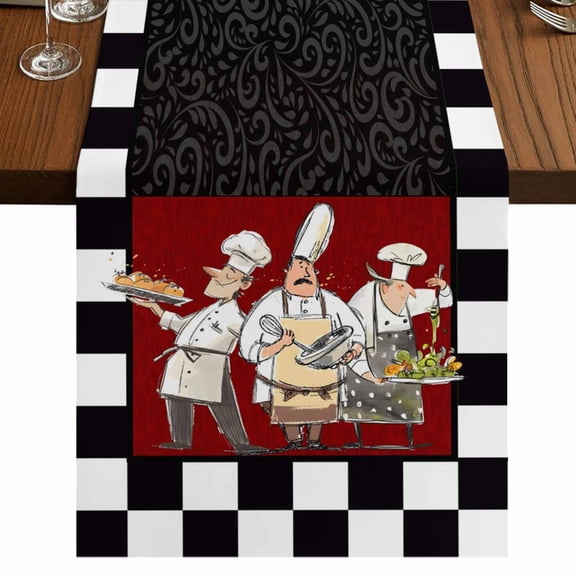 Table Runners 72 Inches Long Dress Scarves, Chef Farmhouse Kitchen Table Runner, Coffee Tablerunners, Cartoon Cute Watercolor Cooking Black Plaid 16x72 Inch