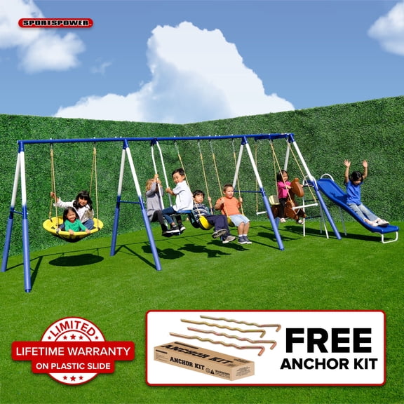 Sportspower Outdoor Super 8 Fun Metal Swing Set for Kids 3-8 with 6ft Slide, Saucer Swing, & Rocking Horse, 6ft Durable Steel Frame