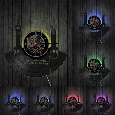 Famous City Mecca Wall Sign Vinyl Record Wall Clock Islamic Vintage Wall Clock Kaba Muslim Architecture Home Decor Clock Gift With LED