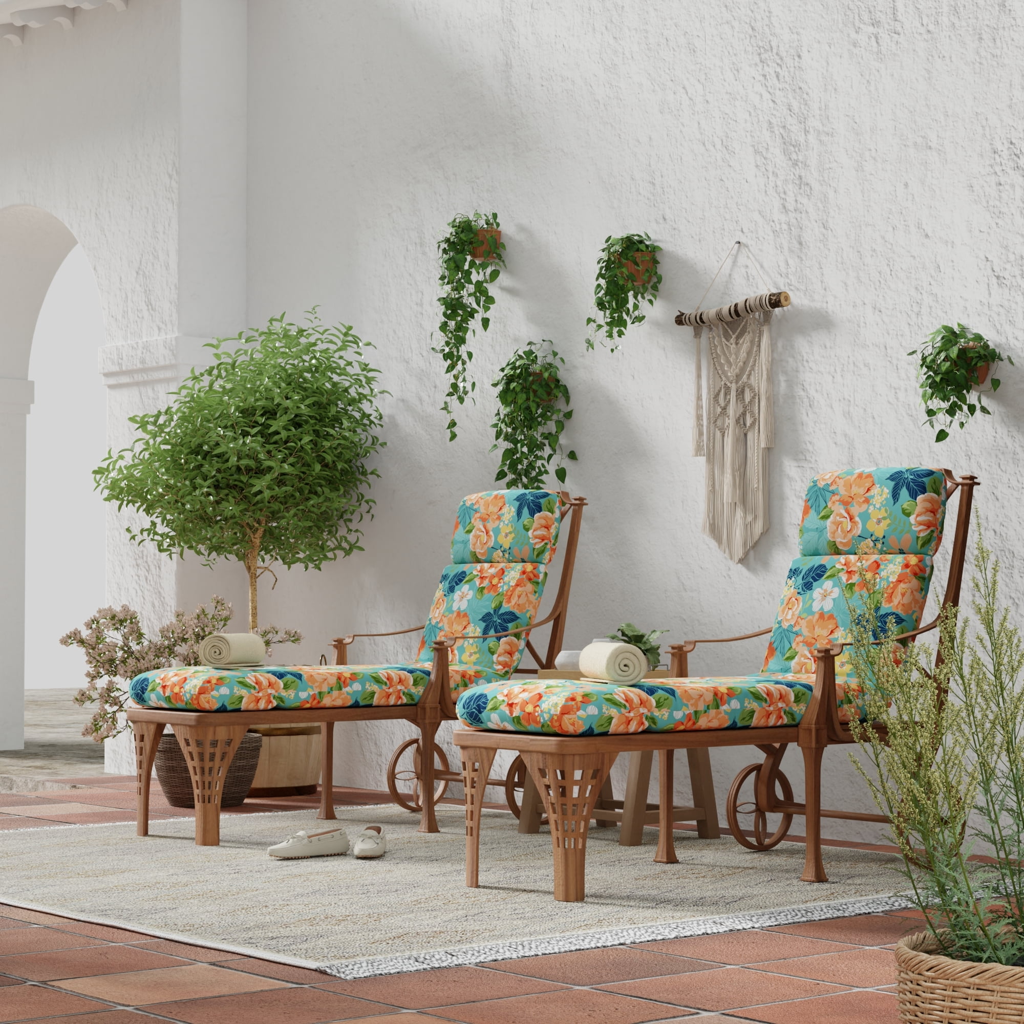 Jordan Manufacturing 72" x 22" Senorita Pelican Turquoise Floral Rectangular Outdoor Chaise Lounge Cushion with Ties and Hanger Loop