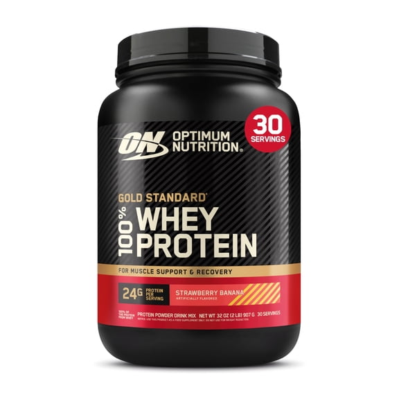 Optimum Nutrition, Gold Standard 100% Whey Protein Powder, 24 g Protein, Strawberry Banana, 2 lb, 30 Servings