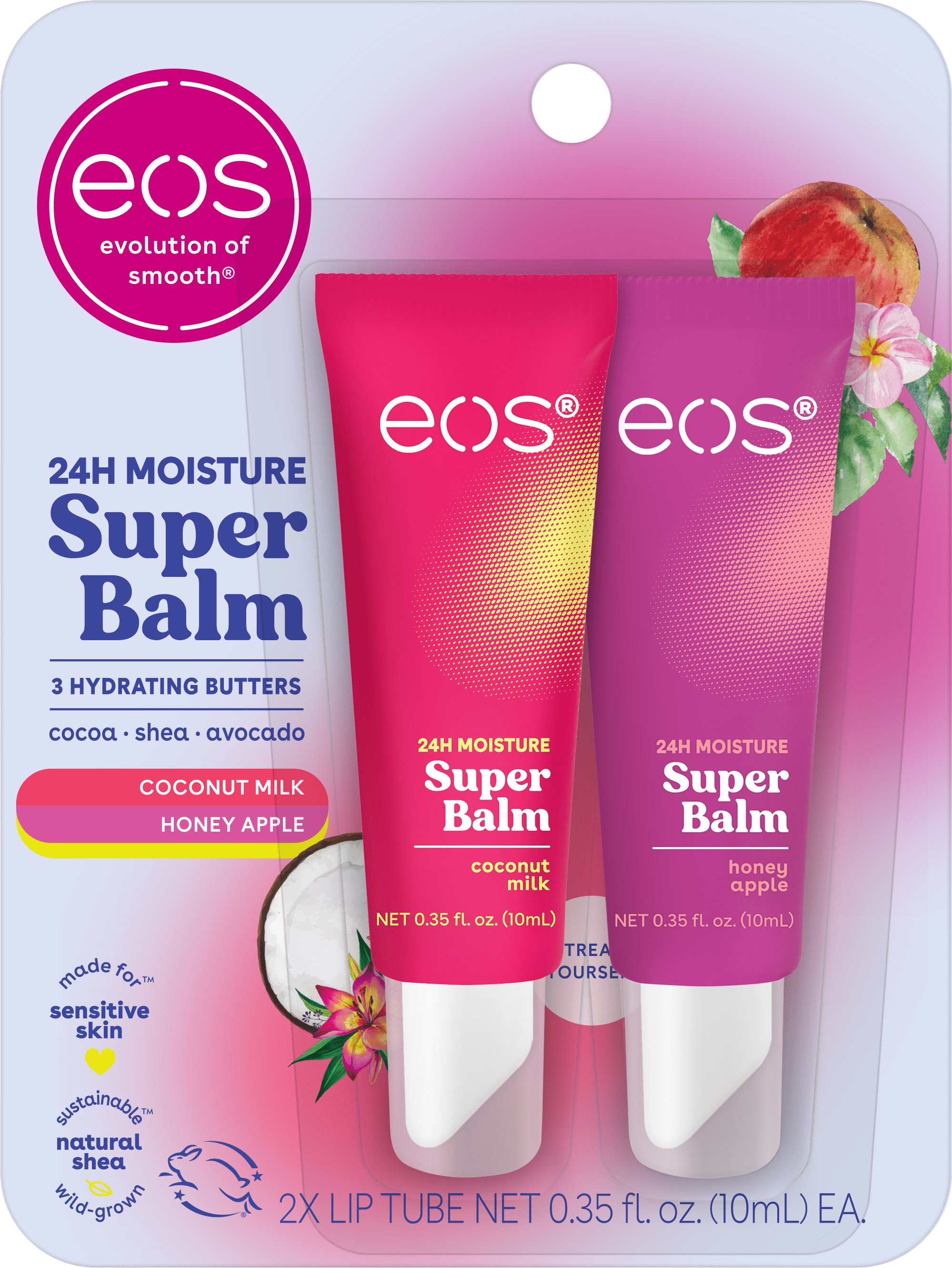 (3 pack) Eos 24H Moisture Super Balm- Coconut Milk & Honey Apple, Lip Sleeping Mask, 0.35 fl oz, Pack of 2