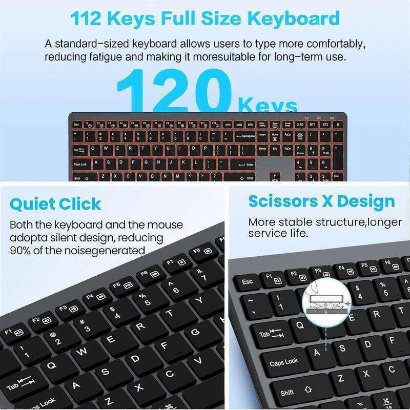 Full Size Silent Click Wireless Keyboard, RGB Backlit Rechargeable Bluetooth & USB Multi-Device Keyboard for Office, Compatible with Windows Mac iOS Android