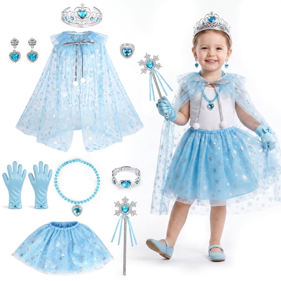 Princess Dress Up Toddler Girl Toys, Princess Dress Up Set with Toddler Tutu Costume, Princess Crown, Gloves, Wand, Rings, Pretend Play Toys for Girls 3 4 5 6 Year Old, Best Gifts for Girls - Blue