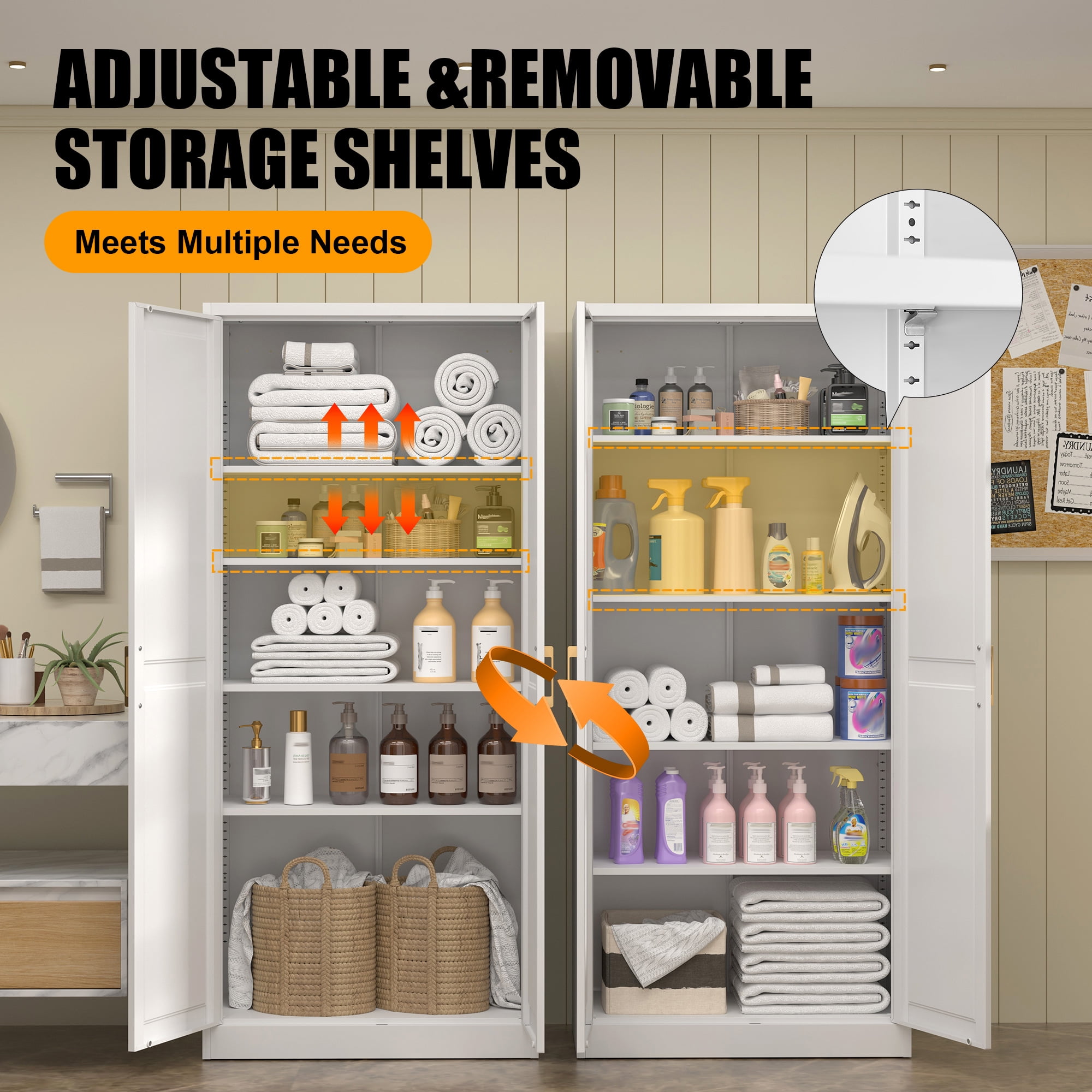 Polup 71" Height Metal White Storage Cabinet, Modern Tall Steel Pantry Cupboard with 2 Doors and Adjustable Shelves for Kitchen Garage and Home