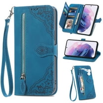 TECH CIRCLE Samsung Galaxy S23 Wallet Case,Embossed Flower PU Leather Folio Flip Protective Zipper Cover with Wrist Strap RFID Blocking Card Holder Kickstand Case for Galaxy S23 6.1" 2023, Blue