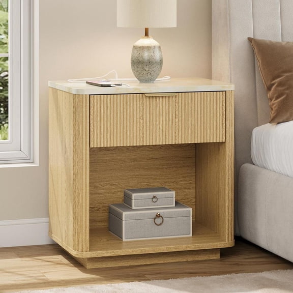 Fluted Bedside Table with Charging Station, 23.6" Wide Nightstand with 1 Drawers and Shelf, Modern End Table for Bedroom Home Office and Sofa Side (A)