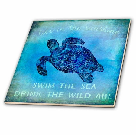 - 3dRose Blue Underwater Turtle Illustration With Typography - Ceramic Tile, 4-inch