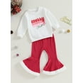 thumbnail image 4 of Elippeo Toddler Girls Fall Outfits 6M 12M 18M 24M 3Y 4Y Letter Print Crew Neck Sweatshirts Plush Patchwork Flare Pants 2Pcs Christmas Clothes Set, 4 of 10