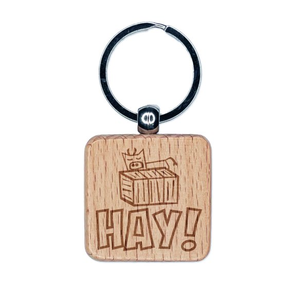 Hay Hello Cow Bale Fun Square Keychain Charm Tag - Engraved Wood