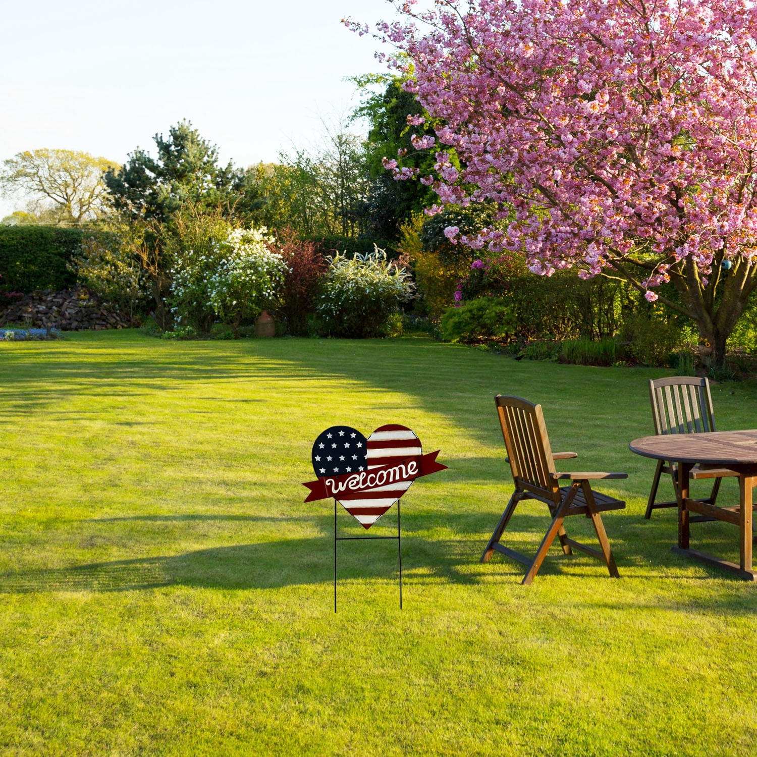 American Flag Heart Welcome Sign, Metal Garden Stake, Patriotic Yard Decor, 22.5" x 16