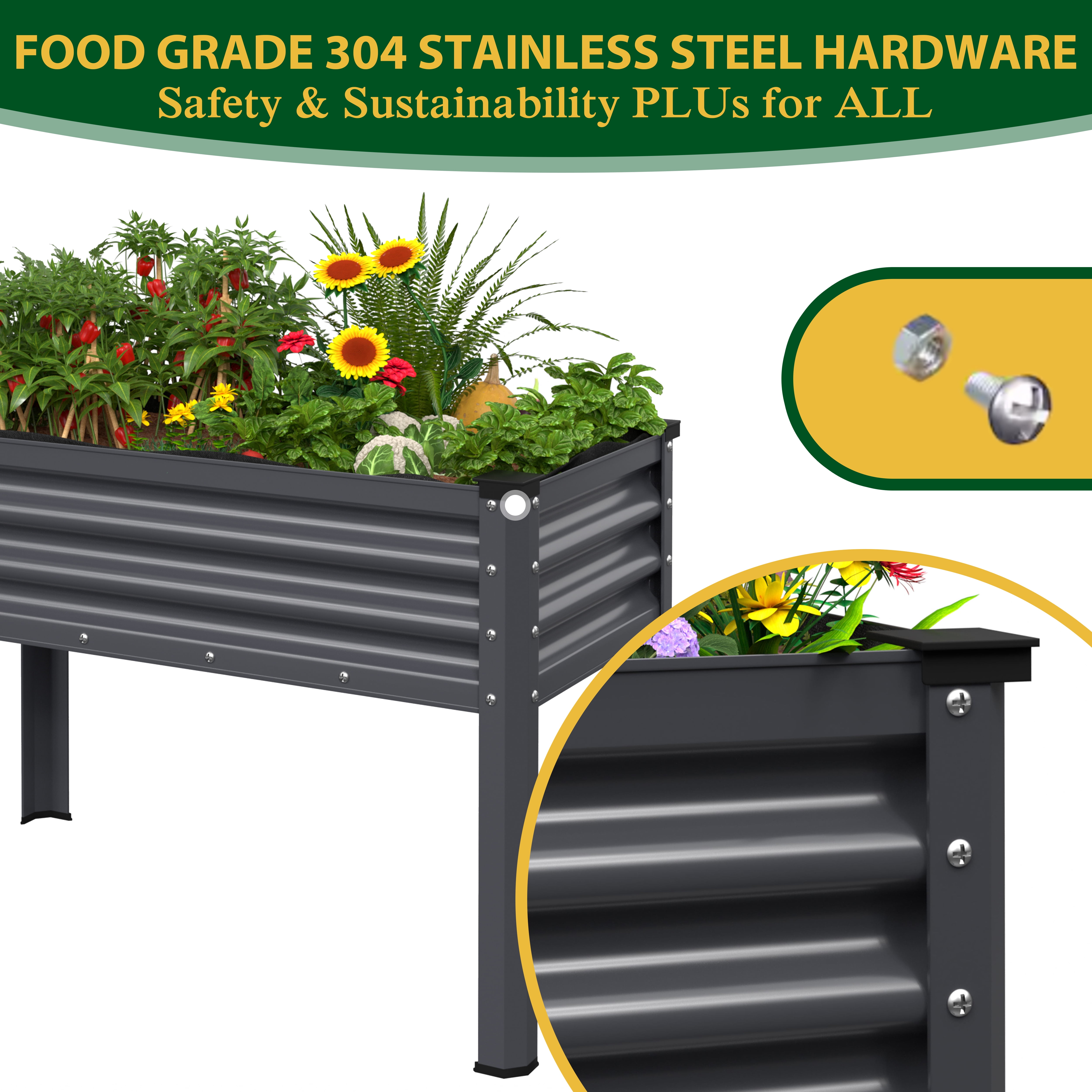 VEIKOUS 48"L×23"W×32"H Galvanized Steel Raised Garden Bed W/Drainage, Liner & Corner Protectors , Gray
