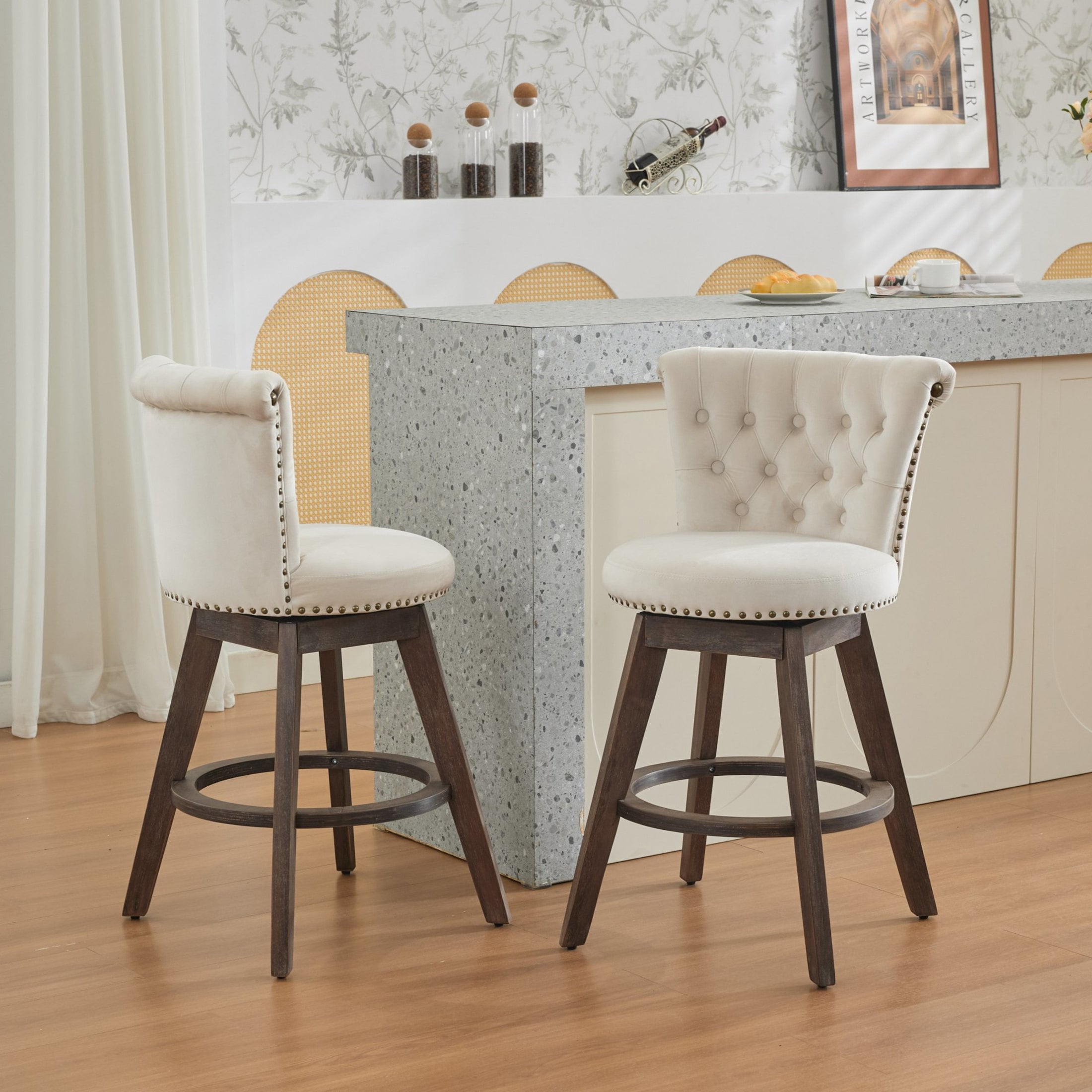 Noble House Set of 2 Counter Height Bar Stools, 360° Swivel Velvet Seats, Tufted Back, Beige