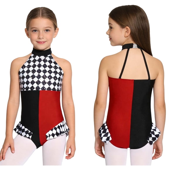 Aislor Girls Clown Leotard Halter Sleeveless Rhinestones Checkerboard Pattern Bodysuit for Dancing Training Burgundy 12