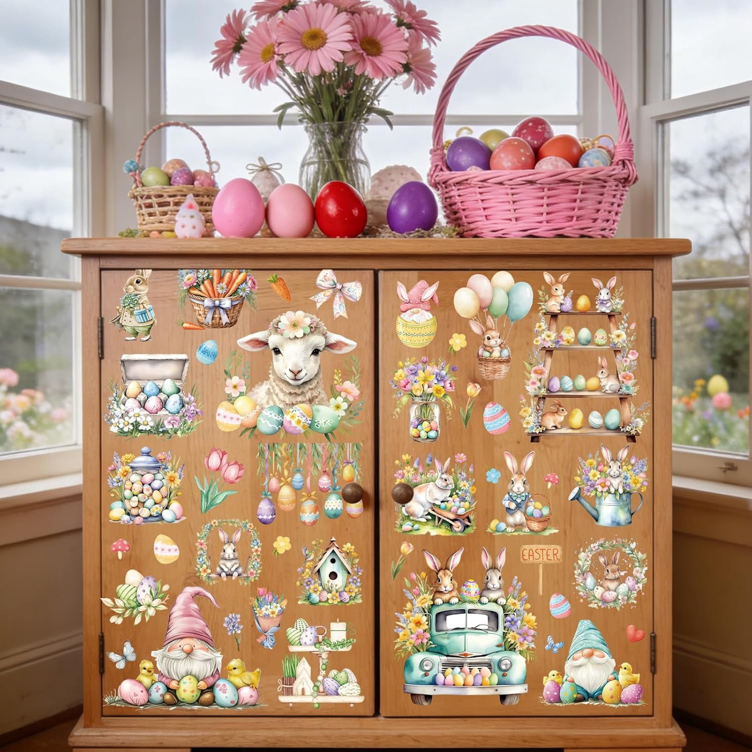 Easter Rub on Transfers for Crafts - 12 Pcs Easter Bunny Rub on Transfers for Furniture Vintage Flower Rabbit Transfer Decals for Wood DIY Glass Home Decor 5.9x5.9 Inch