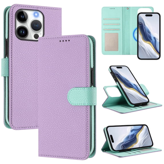 2 In 1 Wallet Case for iPhone 13 Pro, Lychee Texture PU Leather Wallet Case with ID Credit Card Holder Slots Folio Flip Kickstand Detachable Magnetic Phone Cover & Wrist Strap, Purple