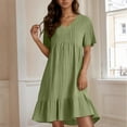 thumbnail image 2 of Dressy Dresses for Women Flowing 2025 Cotton Linen Knee Length V Neck Loose Shirt Dresses Short Sleeve Ruffle Tiered Layered Formal Midi Dresses Army Green XXL, 2 of 5
