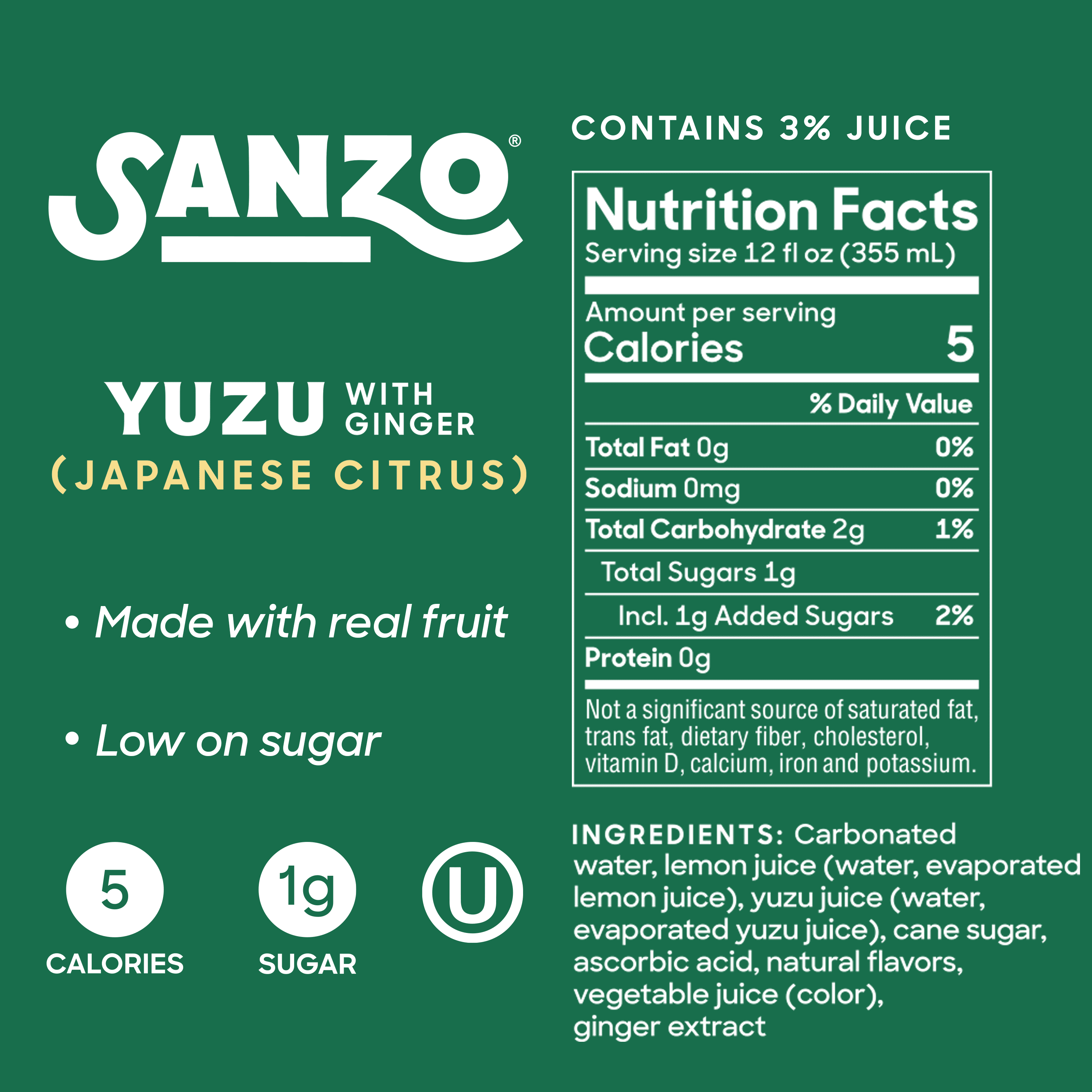 Sanzo Yuzu Lemon Sparkling Water, 12 fl oz, 12 Pack Cans