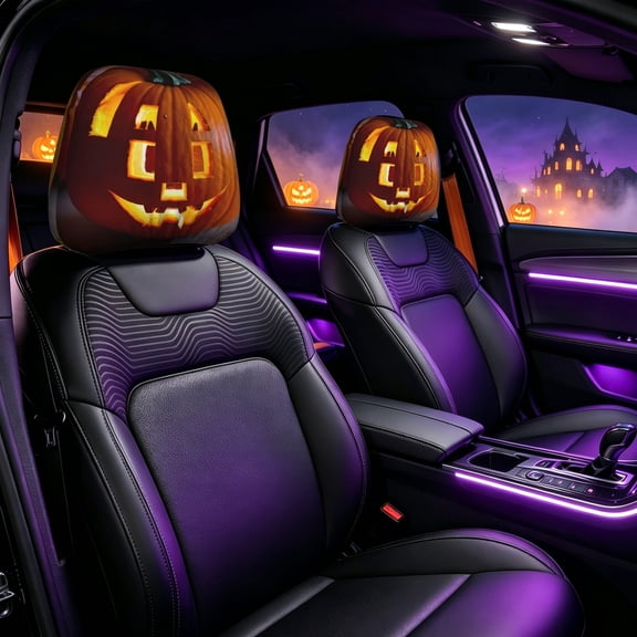 2 Pack Halloween Jack O Lantern Pumpkin Car Headrest Covers Scary Pumpkin Face Head Rest Protector Covers Auto Interior Holiday Decor For Car SUV Truck