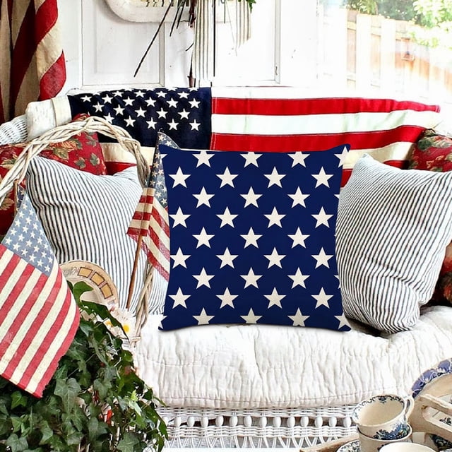 4th of July Pillow Covers 18x18 inch,Red White Blue Summer Outdoor Throw Patriotic Pillow Covers,USA Flag Linen Fourth of July Independence Memorial Day Cushion Case for Sofa Couch Decor