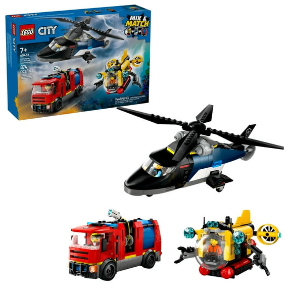 LEGO City Helicopter, Fire Truck & Submarine Remix Kids Toy - 3 Building Toys in 1 for Boys and Girls, Ages 7  - Gift Idea for Birthdays - with 3 Minifigures - 60462