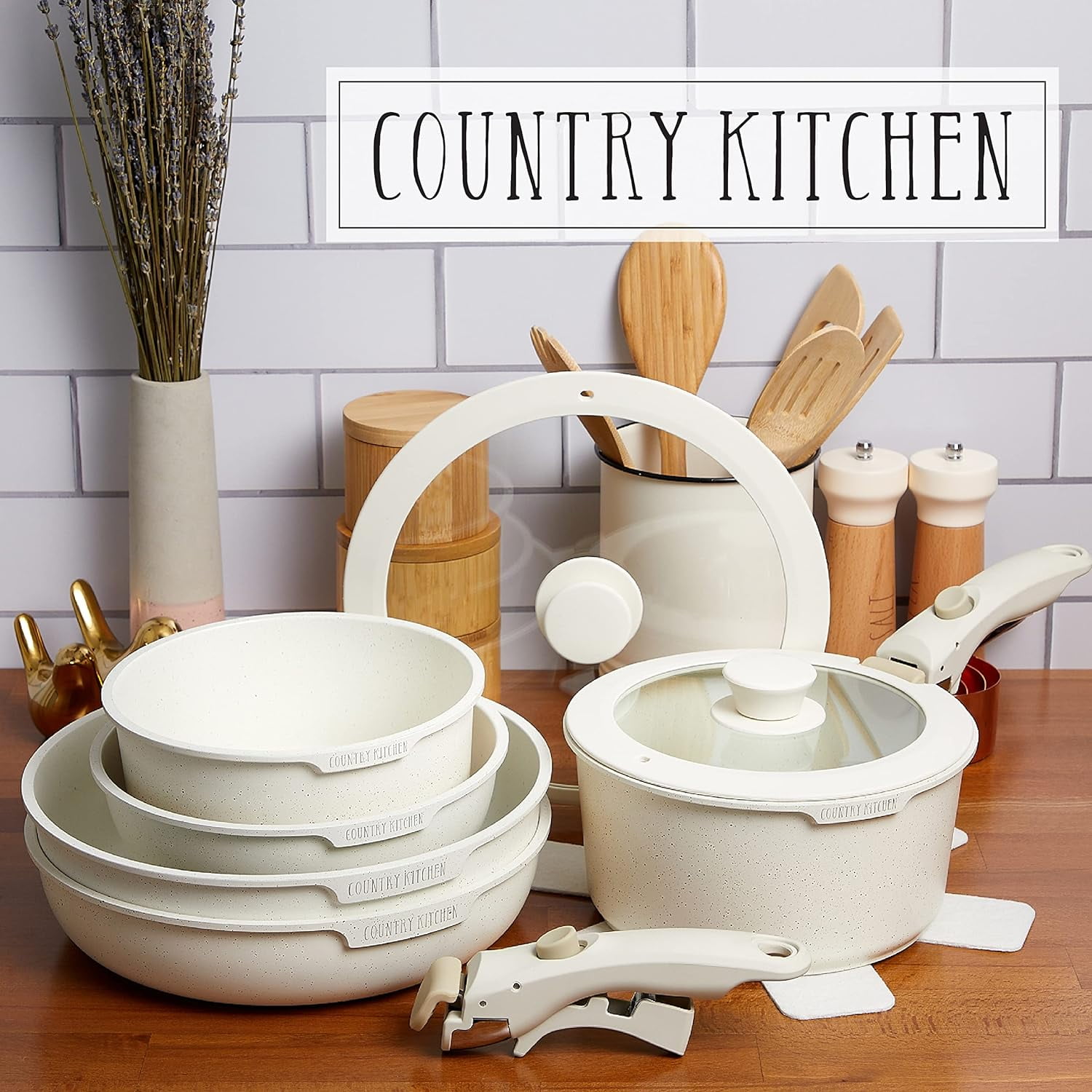 Country Kitchen 13-Pc Pots and Pans Set with Removable Handles Nonstick Cookware Set, Cream