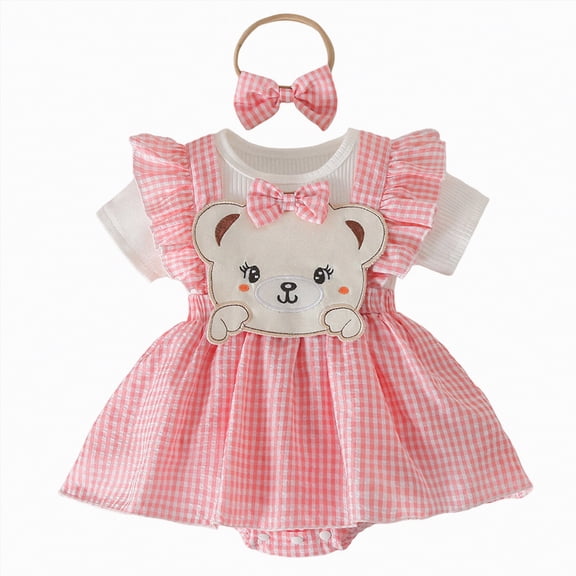 CAICJ98 Baby Girl Summer Outfits Bear Short Sleeve One-Piece Jumpsuit With Headband Set Newborn Infant Girl Clothes (Pink,3-6 Months)
