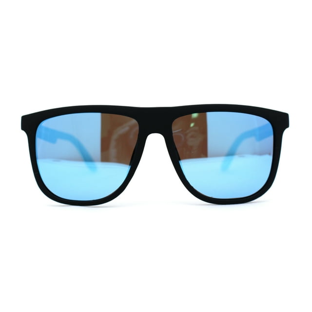 Polarized Hipster Flat Top Horn Rim Light Weight Slick Sunglasses Matte Black Blue Mirror