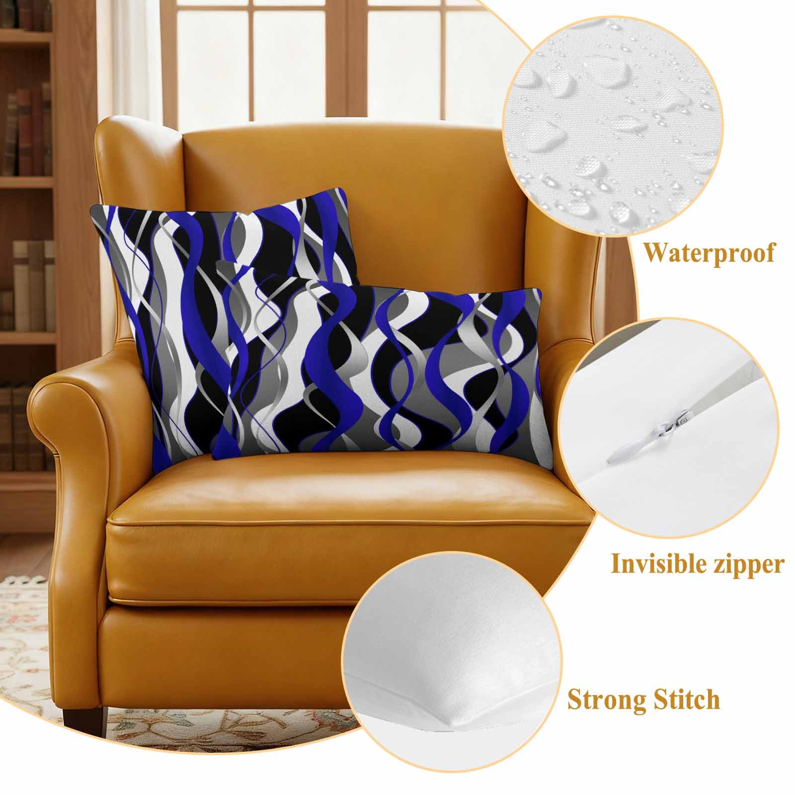 Blue Stripe Outdoor Waterproof Pillow Covers, Ombre Grey Moire Geometric Modern Abstract Decorative Square Throw Pillowcase Sofa Cushion Sham for Patio/Couch/Chair, 18"x18" 2 Pack