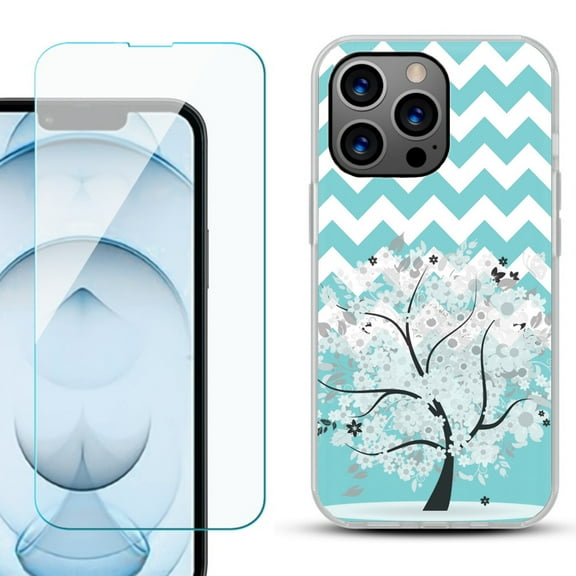Slim-Fit Gel TPU Phone Case for iPhone 13 Pro Max, with Tempered Glass Screen Protector, by OneToughShield ® - Chevron/Tree
