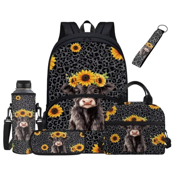 Chririnla Highland Cow Sunflower Backpack Set for Kids Black Leopard Cheetah School Backpacks with Lunch Box Water Bottle Pencil Case Keychain Student Backpack Daypack for Girls Boys Back to School