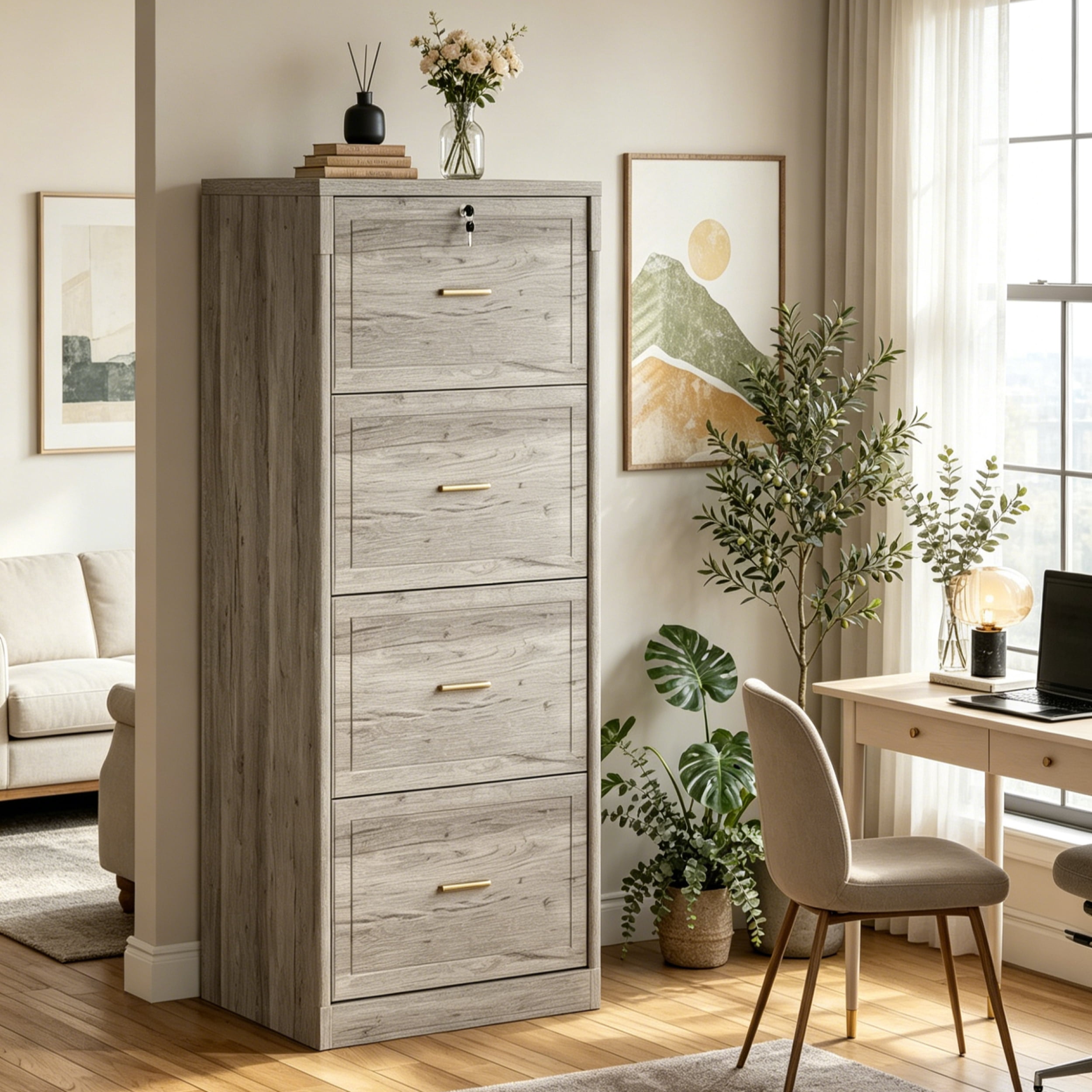 Fnova 4-Drawer File Cabinet, Tall Filing Cabinet with Lock and Key, Heavy Duty Wooden Vertical Office Storage Organizer for Legal Size/Letter/A4/Files, Home Office, Gray