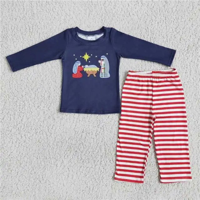 Venta al por mayor, ropa de dormir navideña para niños, conjunto de camisa de manga larga para niños, conjunto de pantalones, pijama a juego para niño y niña, ropa de noche