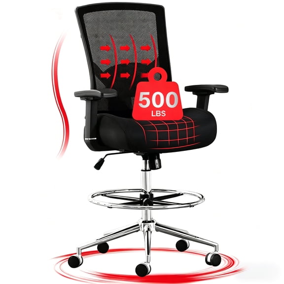 JONPONY 500LBS Drafting Chair with 4D Armrests, Heavy Duty Office Chair with Adjustable Lumbar Support Footrest Ring, Comfy Extra Deep Thicken Cushion, Breathable Mesh Standing High Desk Chair