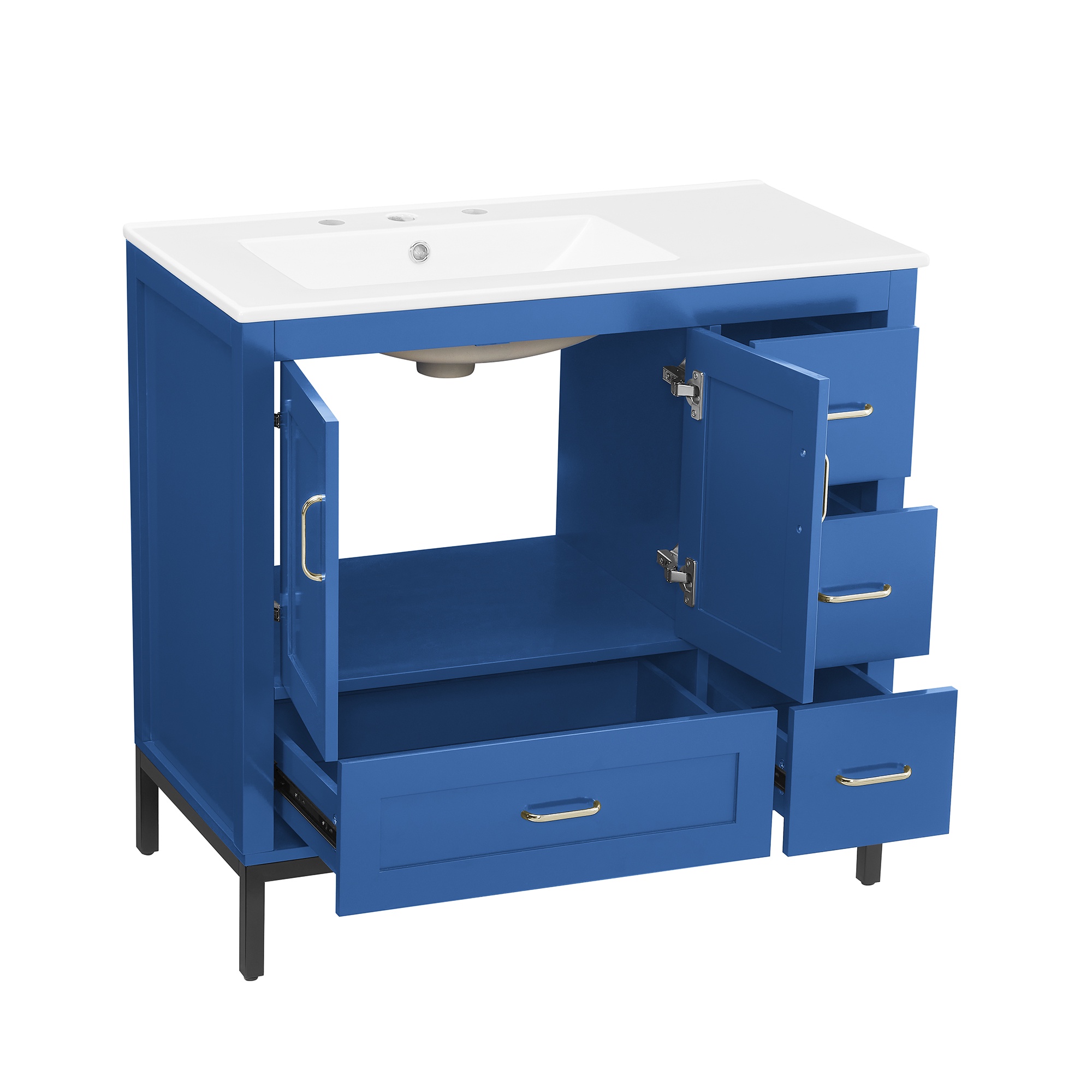 PORKISS Bathroom Vanity, Wooden Bathroom Vanity with Pedestal Under Sink, Freestanding Render Vanity with 2 Doors and 4 Drawers, Modern Vanity Cabinet for Bathroom, Blue