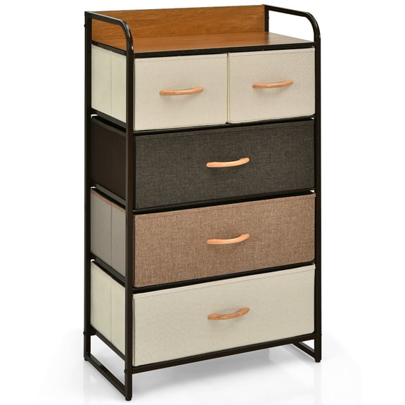Costway 5-Drawer Dresser Storage 4-Tier Organizer Tower Steel Frame Wooden Top Cream