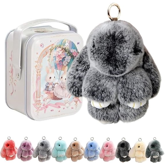 Plush Bunny Keychain with Metal Charm – Handmade Soft Fluffy Rabbit Pendant for Easter Gift, Cute Cartoon Animal Key Ring
