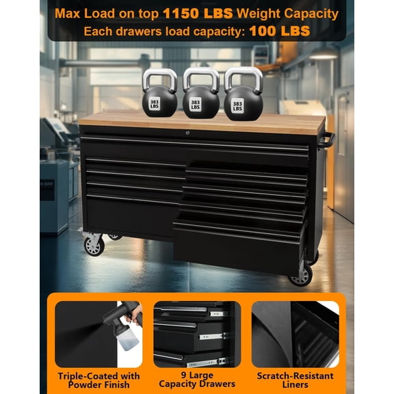 61" Rolling Tool Chest with Rubber Wood Top, Heavy-Duty Garage Workbench with 9 Drawers Mobile Workbench, Lockable Metal Storage Cabinet with 4 Wheels for Garage Workshops
