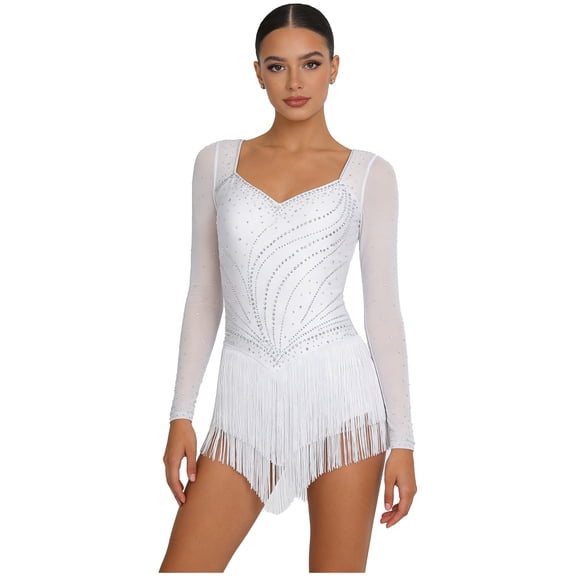 Aislor Womens Latin Dance Dress Rhinestone Tiered Tassel Bodysuit Tango Rumba Dancewear White XL