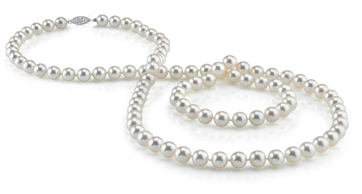 14K Gold 6.5-7.0mm Hanadama Japanese Akoya Saltwater White Cultured Pearl Necklace, 51" Rope Length by The Pearl Source