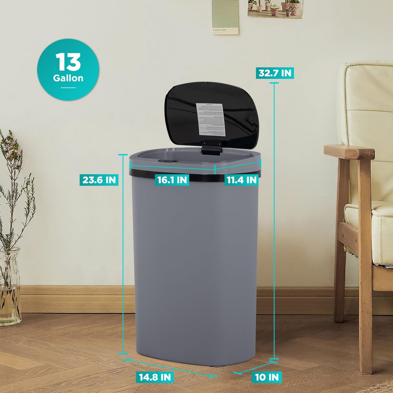 BestOffice 13Gal PlasticTrash Can Automatic Touchless, Odor Control Kitchen Garbage Can w/Lid, Gray