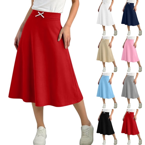 FRSASU Children's Elastic High Waist A-Line Midi Skirt Stretchy Flared office Knee Length Business Casual Skirts White