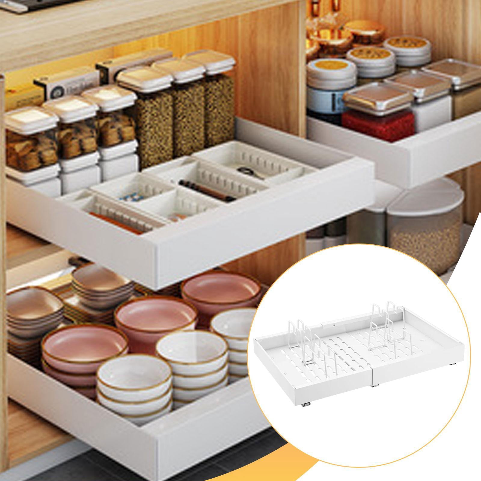Fiocias Pull Out Cabinet Organizer Utensil Spice Storage Shelf Carbon Steel under Sink Drawer Storage Rack for Pantry Closet Office White