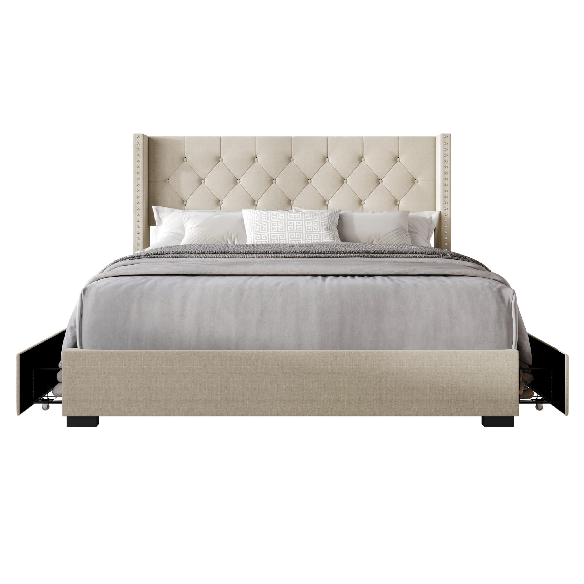 Home Design Greeley King Tufted Upholstered Storage Platform Bed Frame with Button-Tufted Wingback Headboard and Four Under-Drawers, Beige, Easy Assembly