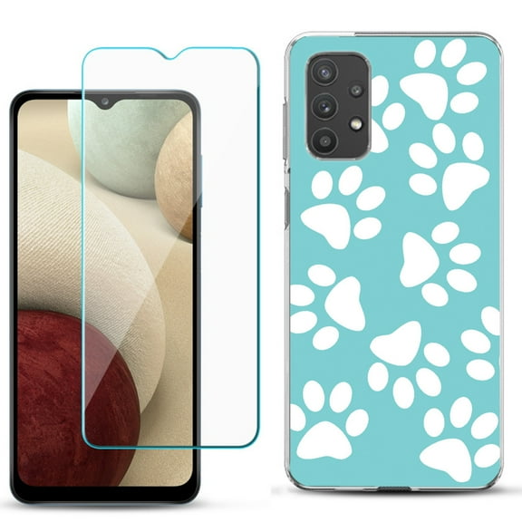 Slim-Fit TPU Phone Case compatible with Samsung Galaxy A32 5G, with Tempered Glass Screen Protector, by OneToughShield ® - Pet Paw / Teal