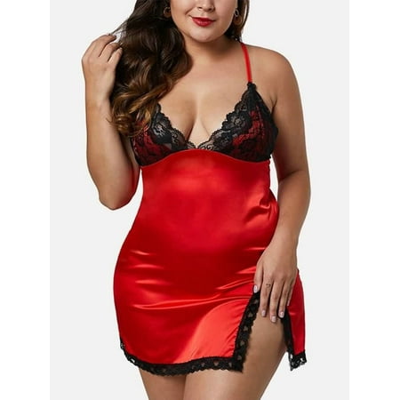 

DYMADE Women Plus Size Lace Free Breast Patch Sexy Nightdress Set